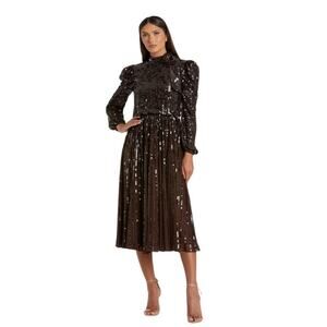 Mac Duggal Brown Long Sleeve Sequin Tea Length Dress MOB Plus Size 20 93642 NEW